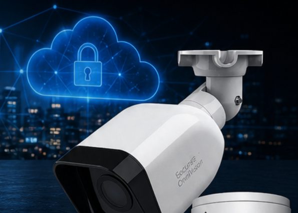 Two white OmniCAM security cameras, a bullet and a dome, under a glowing cloud with a padlock above a city at night