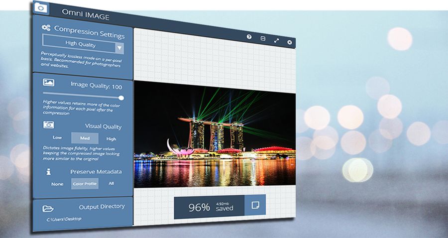 The OmniImage desktop app compressing a city skyline photo, showing 96% saved