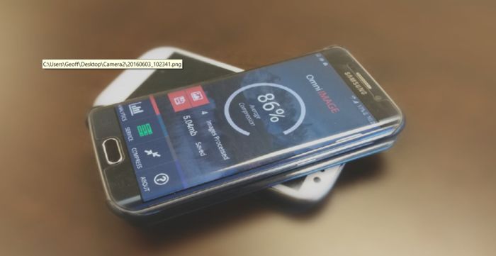 A Samsung phone running the OmniImage app showing 86% compression