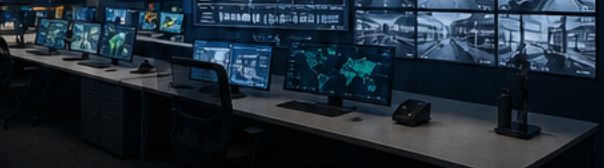 A command center with a wall of video screens and operator desks