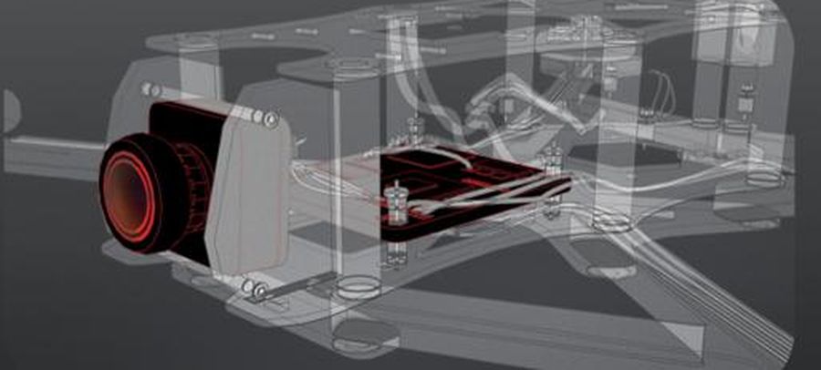Cutaway render of a drone airframe with a camera and compute module inside